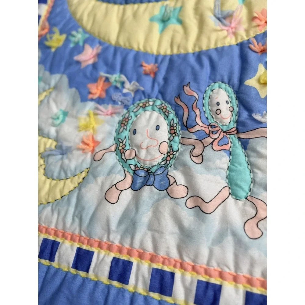Vintage 90s Baby Crib Quilt Blanket Cow Teddy Bear Moon Stars Ruffle 47x26.5